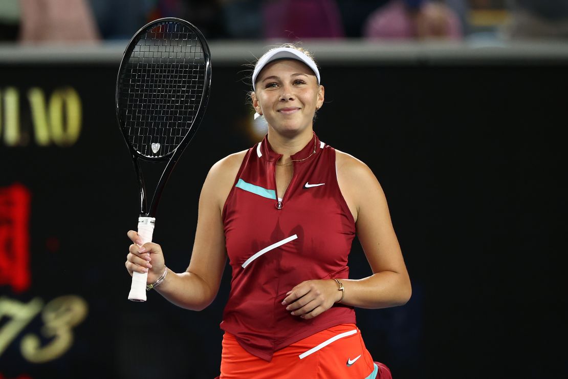 Amanda Anisimova celebrates winning her third round match against Naomi Osaka.