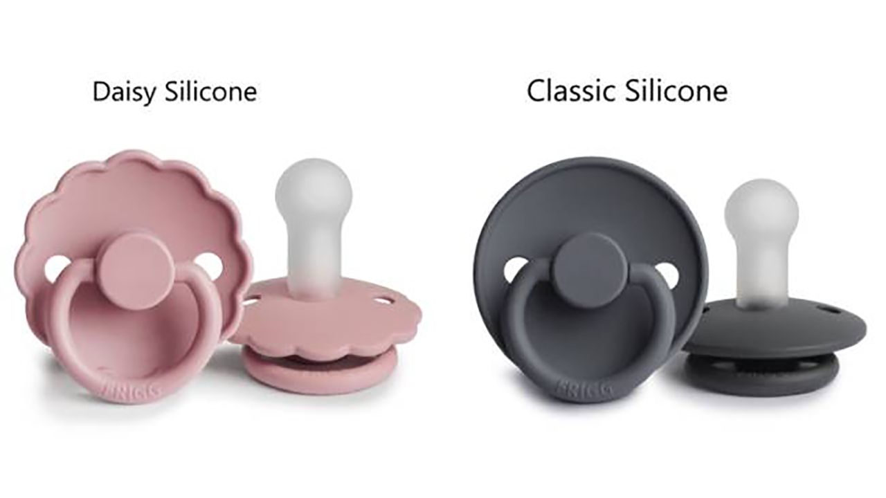 (From left) Mushie & Co has recalled "Daisy" and "Classic" silicone pacifiers by Frigg.