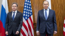 U.S. Secretary of State Antony Blinken, left, and Russian Foreign Minister Sergei Lavrov, right, pose for media prior to their meeting in Geneva, Switzerland, Friday, Jan. 21, 2022. 