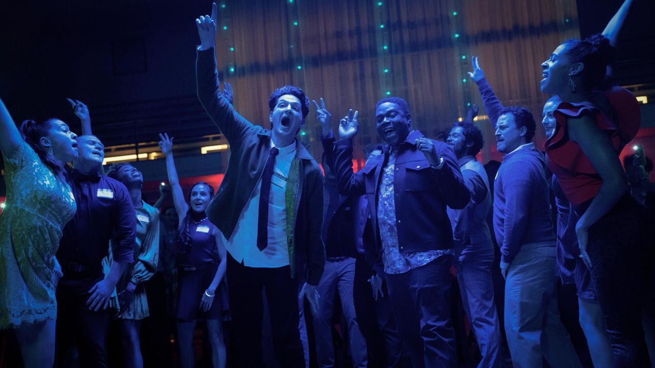 (Center foreground, from left) Ben Schwartz as Yasper and Sam Richardson as Aniq are shown in a scene from "The Afterparty." 