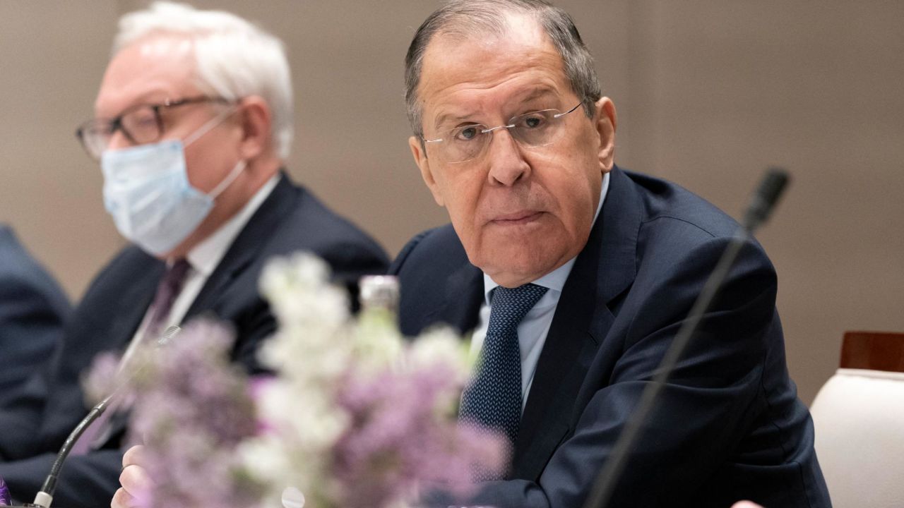 Russian Foreign Minister Sergey Lavrov listens during a meeting with US Secretary of State Antony Blinken on January 21, 2022, in Geneva, Switzerland. 