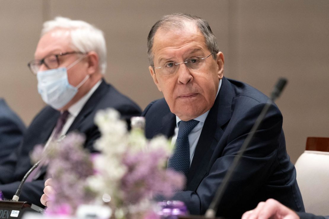 Russian Foreign Minister Sergey Lavrov listens during a meeting with US Secretary of State Antony Blinken on January 21, 2022, in Geneva, Switzerland. 