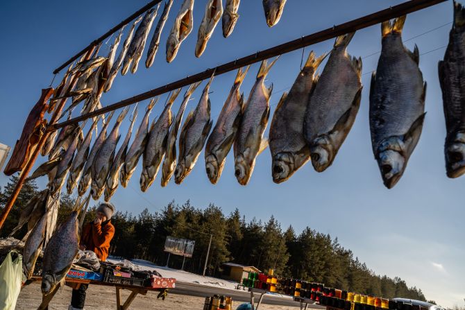 A woman sells dried fish on the road leading to Kramatorsk, Ukraine.