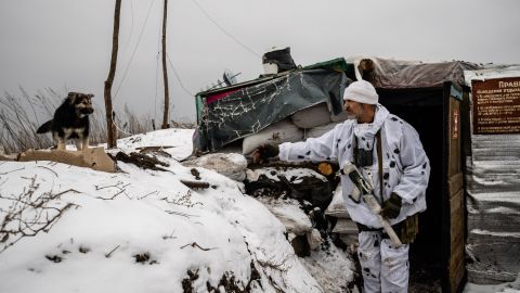Ukrainian soldiers are seen at a defensive trench position on the front line, 500 yards from separatists' positions, on January 21, 2022, in Ukraine's eastern Luhansk region.