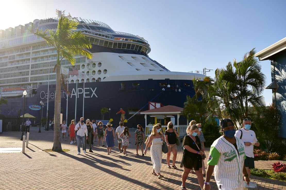 Passengers disembarking the Celebrity Apex cruise ship in Crown Bay Marina in Charlotte Amalie, Saint Thomas, U.S. Virgin Islands, on January 19, 2022.