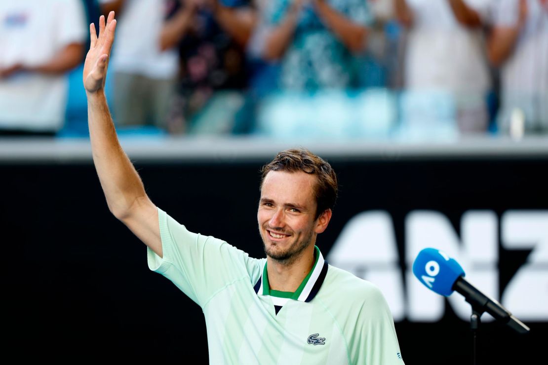 Medvedev acknowledges the crowd after winning his third-round singles match against Botic van de Zandschulp.