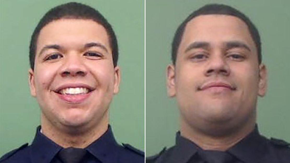 NYPD officers Jason Rivera (left) and Wilbert Mora were killed in a shooting in Harlem on Friday.