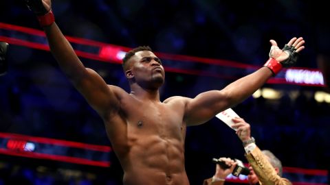Francis Ngannou looks on prior to the heavyweight title fight against Ciryl Gane.