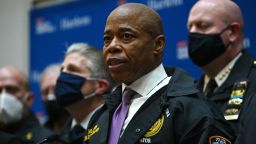 New York City Mayor Eric Adams speaks to members of the media at Harlem Hospital on January 21, 2022 in New York City.