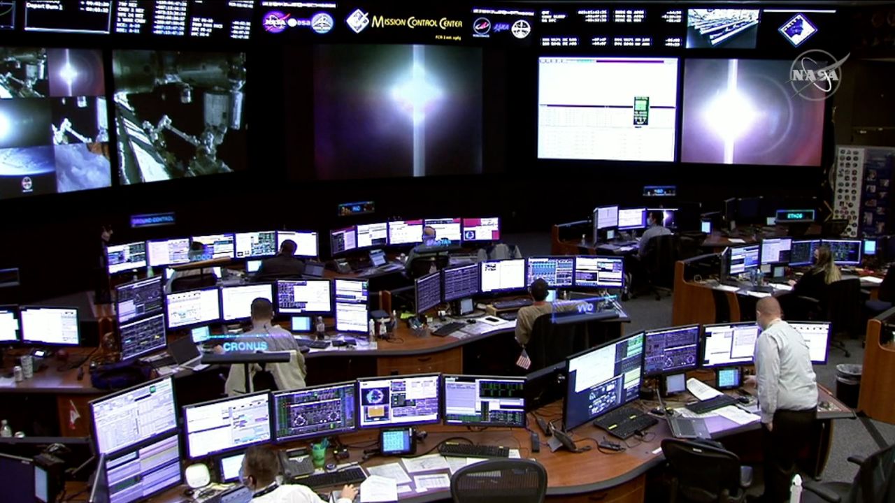 The International Space Station Flight Control Room at the Johnson Space Center in Houston, Texas.