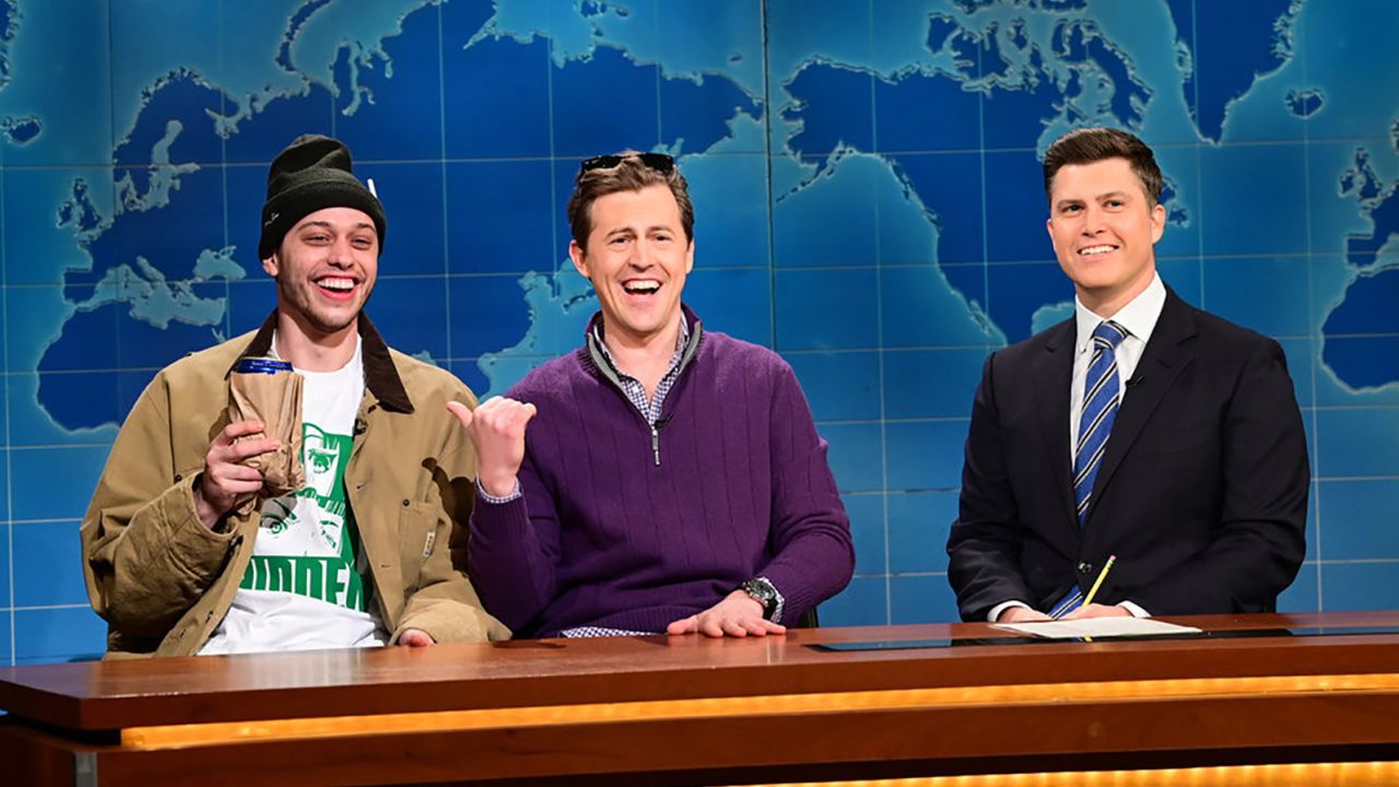 Pete Davidson  Alex Moffat and  Colin Jost during Weekend Update on "Saturday Night Live" January 22.