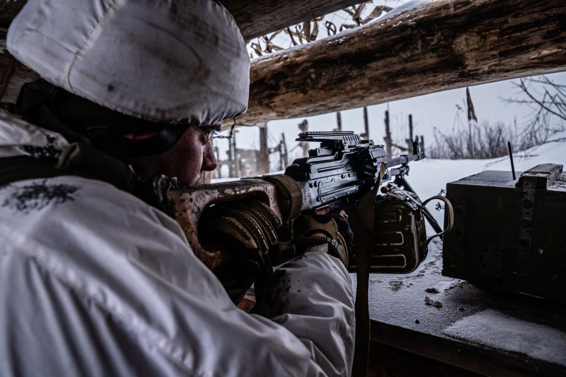 Ukrainian soldiers operate in a destroyed industrial zone in Avdiivka, in Ukraine's Donetsk region, that is in some areas only about 50 yards from the front line, on January 23, 2022.