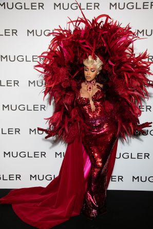 Cardi B. wearing a creation from Mugler's archive at the opening of the exhibition "Thierry Mugler: Couturissime" at the Musee Des Arts Decoratifs in Paris.