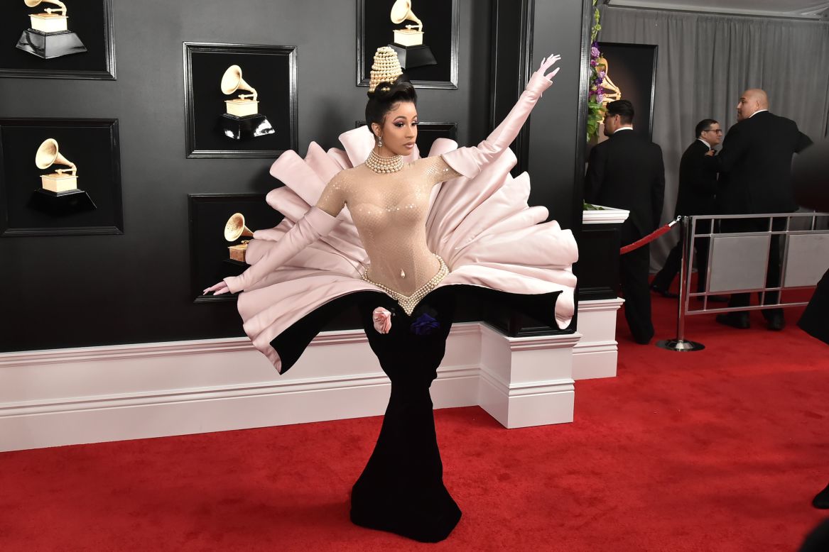 Cardi B resembled a pearl emerging from an oyster as she arrived at the 2019 Grammys in a vintage dress from Mugler's Fall 1995 collection.