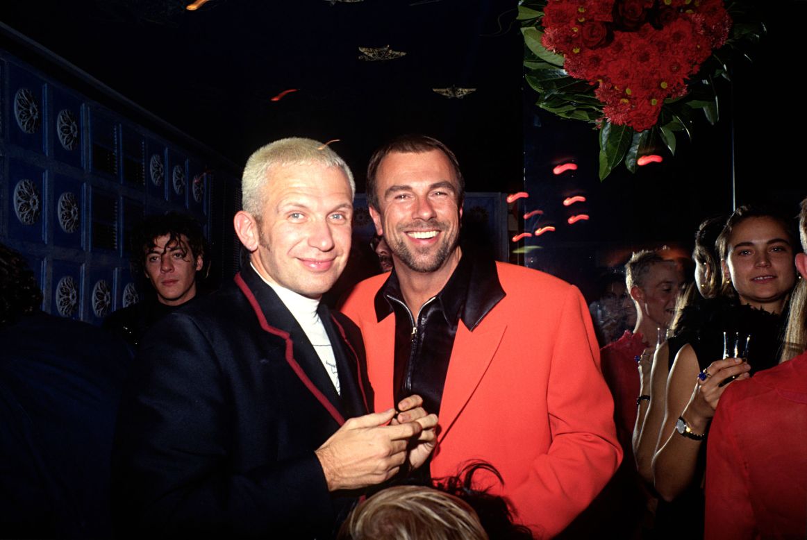 Thierry Mugler (right) with Jean Paul Gaultier at a fashion week party at Les Bains Douches, in Paris, in the 1990s.