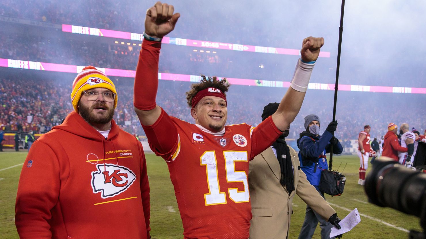 Patrick Mahomes celebrates after a dramatic victory over the Buffalo Bills.