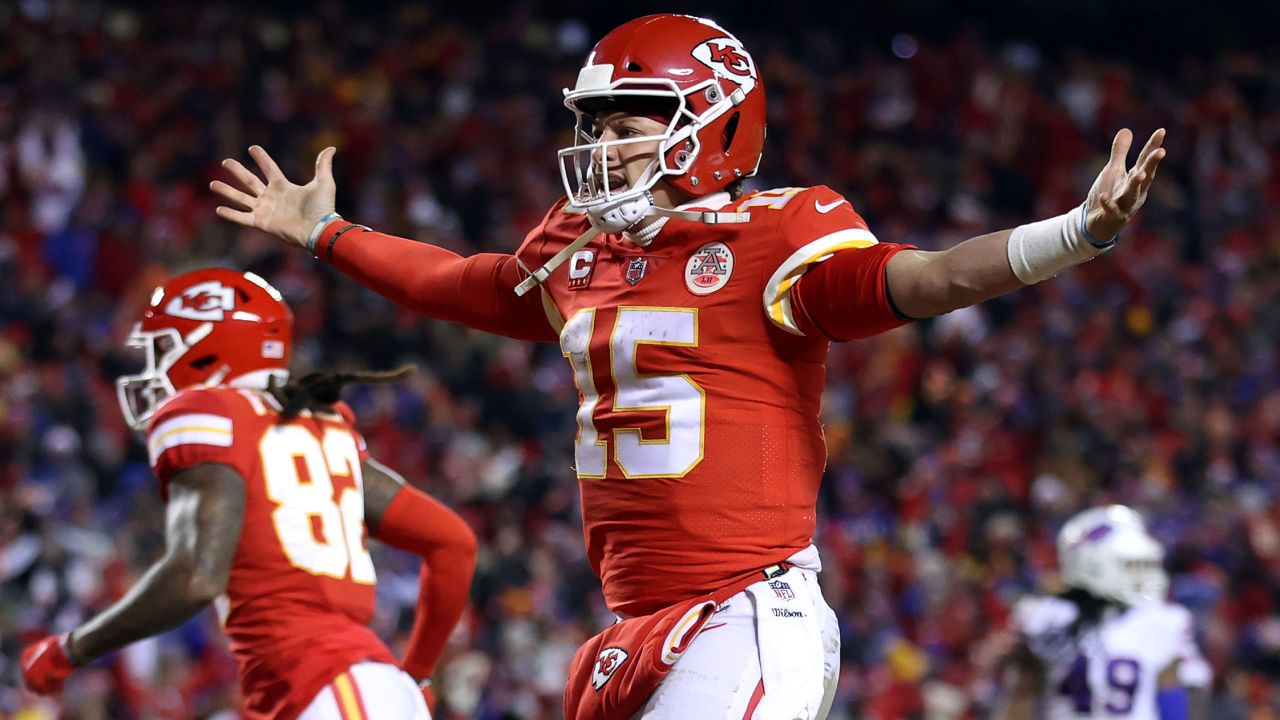 Mahomes celebrates a touchdown scored by Tyreek Hill against the Buffalo Bills.