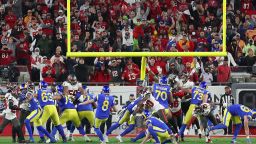 Los Angeles Rams Kicker Matt Gay (7) kicks the game winning field goal with no time on the clock during the NFC Divisional game between the Los Angeles Rams and the Tampa Bay Buccaneers on January 23, 2022 at Raymond James Stadium in Tampa, Florida. 