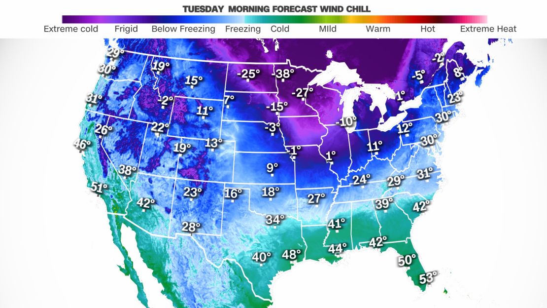 Wind chill temperatures (also known as the "feels like temperature") forecast for Tuesday morning.