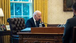 U.S. President Joe Biden talks on the phone with Ukrainian President Volodymyr Zelensky from the Oval Office at the White House on December 9, 2021 in Washington, DC. 