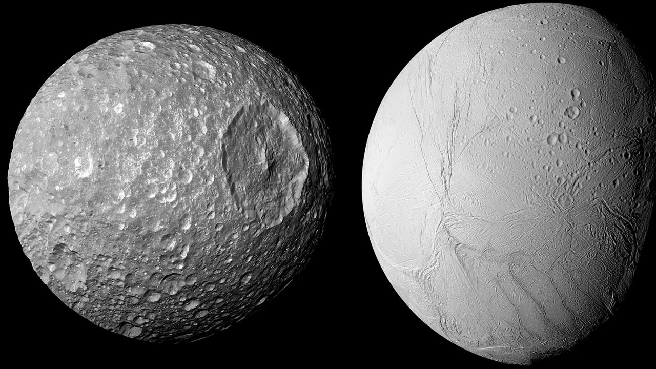 Saturn's small moon Mimas (left) likely has something in common with its larger neighbor Enceladus (right): an internal ocean beneath a thick icy surface. 