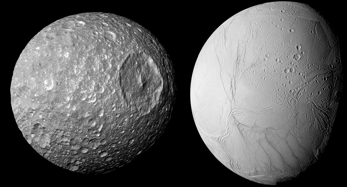 Saturn's small moon Mimas (left) likely has something in common with its larger neighbor Enceladus (right): an internal ocean beneath a thick icy surface. 