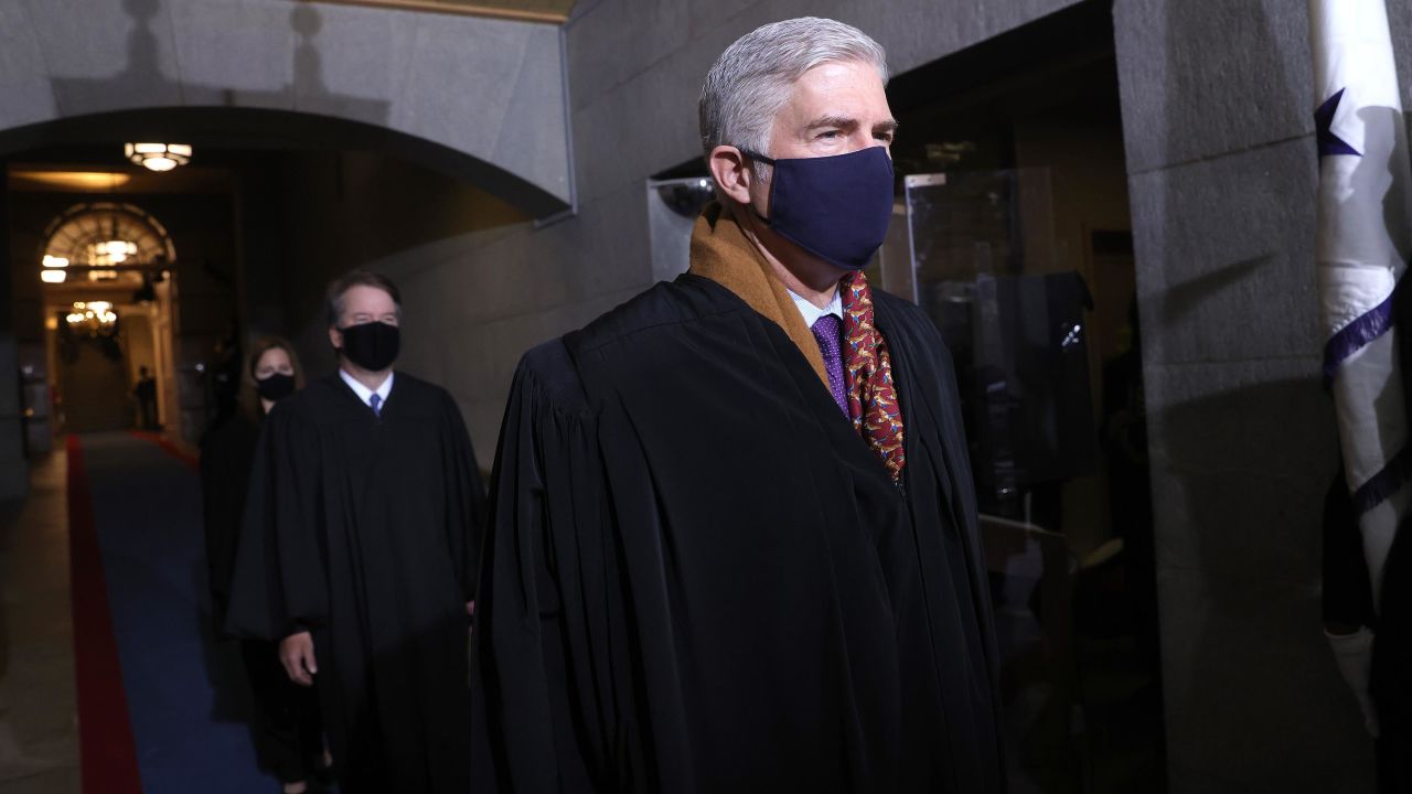 Neil Gorsuch, associate justice of the U.S. Supreme Court, arrives for the 59th presidential inauguration in Washington, D.C., U.S., on Wednesday, Jan. 20, 2021.