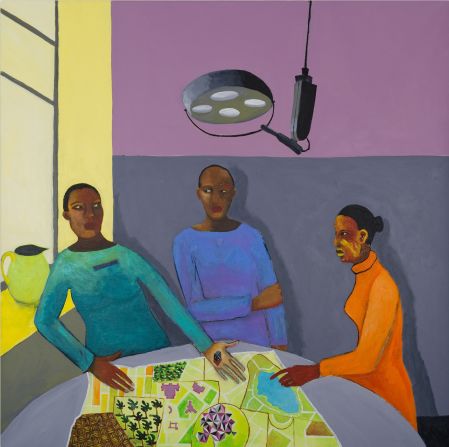 ''Most of the time the women in my paintings are planning and strategizing, working things out,'' explains Himid. The women here "are trying to plan a city ... that is safe enough for little girls to walk from their own houses to their grandma's houses."  - <em>Lubaina Himid - "The Operating Table" (2017-18)</em>