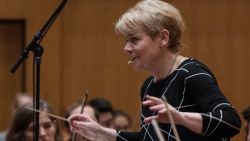New Chief Conductor of the Vienna Radio Symphony Orchestra (RSO) Marin Alsop leads the musicians during a public rehearsal in the Great Broadcasting Room of the Austrian Broadcasting Corporation (ORF) in Vienna on October 23, 2019. (Photo by ALEX HALADA / AFP) (Photo by ALEX HALADA/AFP via Getty Images)