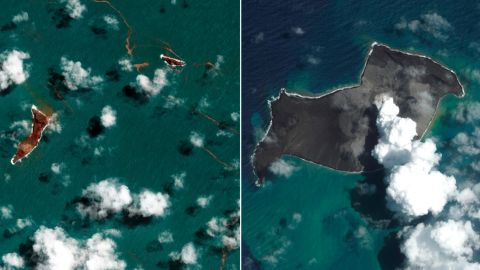 Satellite images from Jan. 6 (left) and Jan. 18 (right) show the impact of the Hunga-Tonga-Hunga-Ha'apai volcanic eruption.