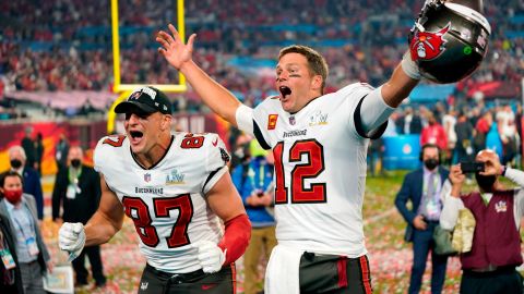 Buccaneers tight end Rob Gronkowski and Brady celebrate after their Super Bowl 55 victory over the Kansas City Chiefs, 2021.