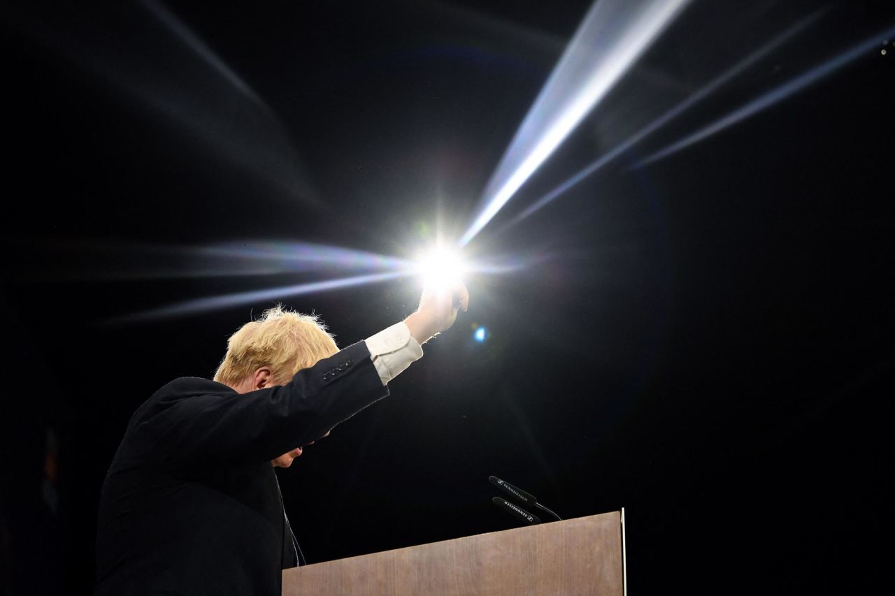 Johnson delivers his keynote speech on the final day of the annual Conservative Party Conference in October 2021.