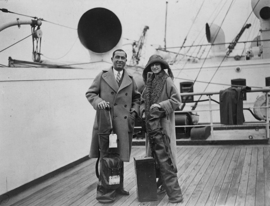 Hagen with his wife aboard the 'Aquitania' at Southampton in May 1923.