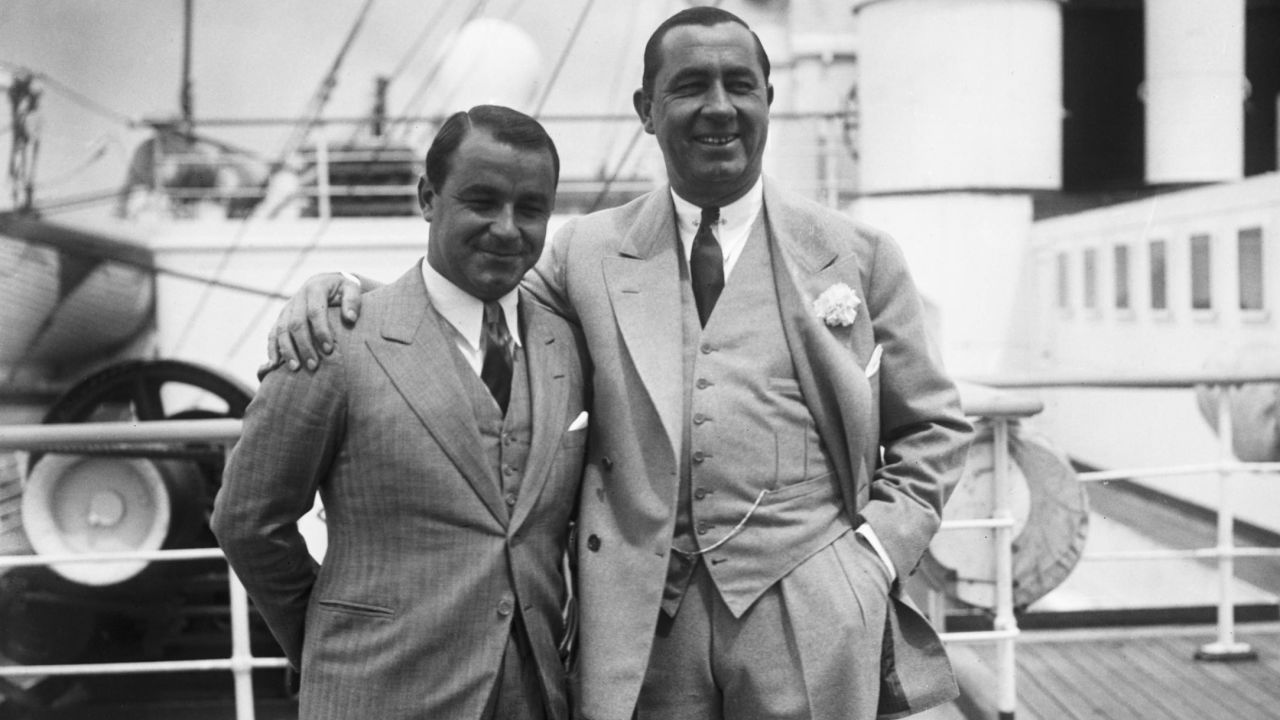 Hagen (right) stands with Gene Sarazen (left) on board the RMS Aquitania on arrrival in Southampton, June 21, 1933.
