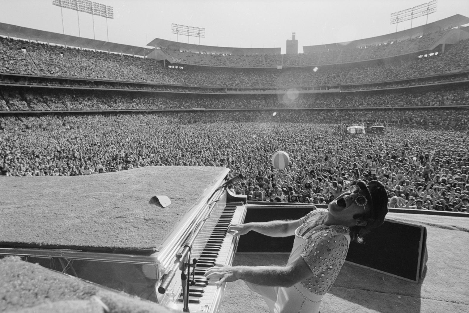 John performs at Dodger Stadium in Los Angeles in 1975. During his career, he has been nominated for 34 Grammy Awards and won five times. He also has an Academy Award and a Tony Award.