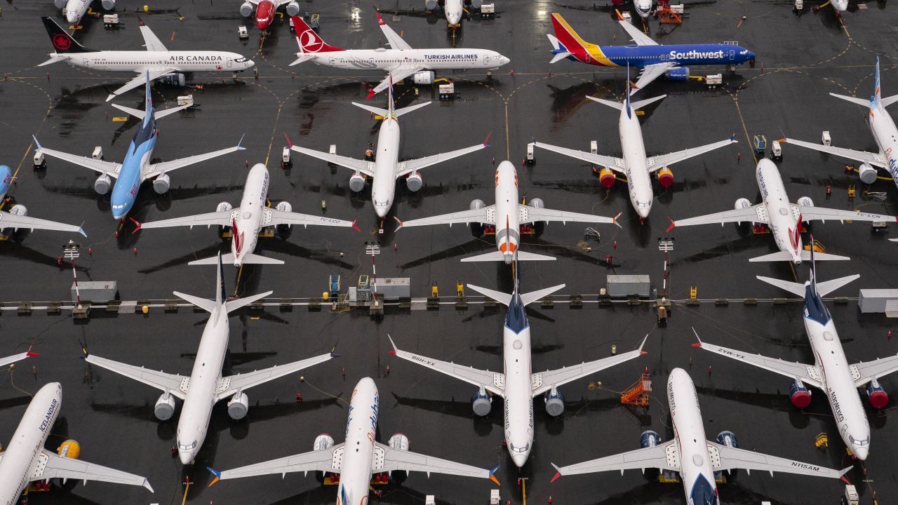 Boeing 737 Max airplanes sit parked at Boeing Field on November 18, 2020 in Seattle.