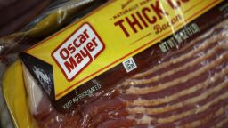 A package of Oscar Meyer bacon is displayed on a grocery store shelf on February 22, 2019 in San Rafael, California. 
