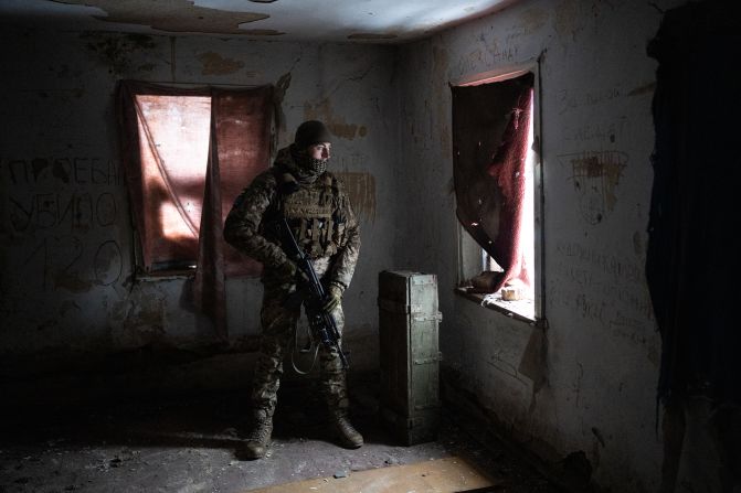 A Ukrainian serviceman of the 30th Army Brigade seen outside of Svitlodarsk, Ukraine, on January 23.