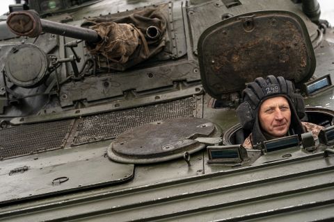Ukrainian servicemen of the Mechanized Brigade drive vehicles at an undisclosed location in the Luhansk Region, Ukraine, on January 25.