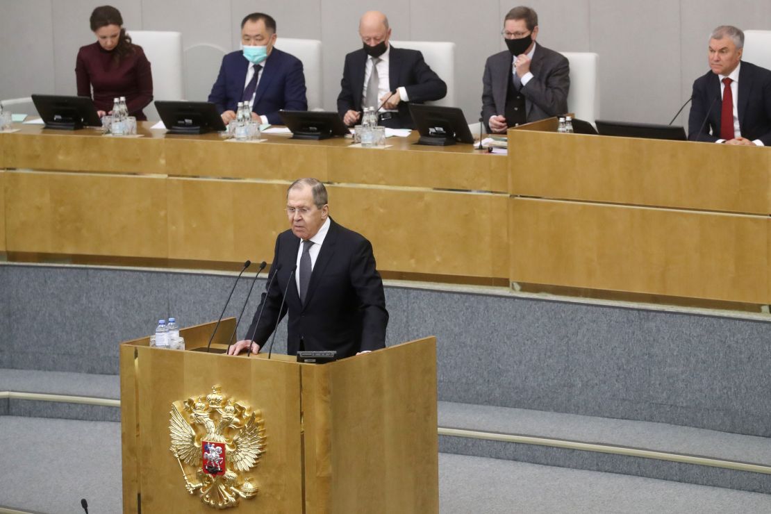 Russia's Foreign Minister Sergey Lavrov pictured addressing the State Duma on Wednesday.
