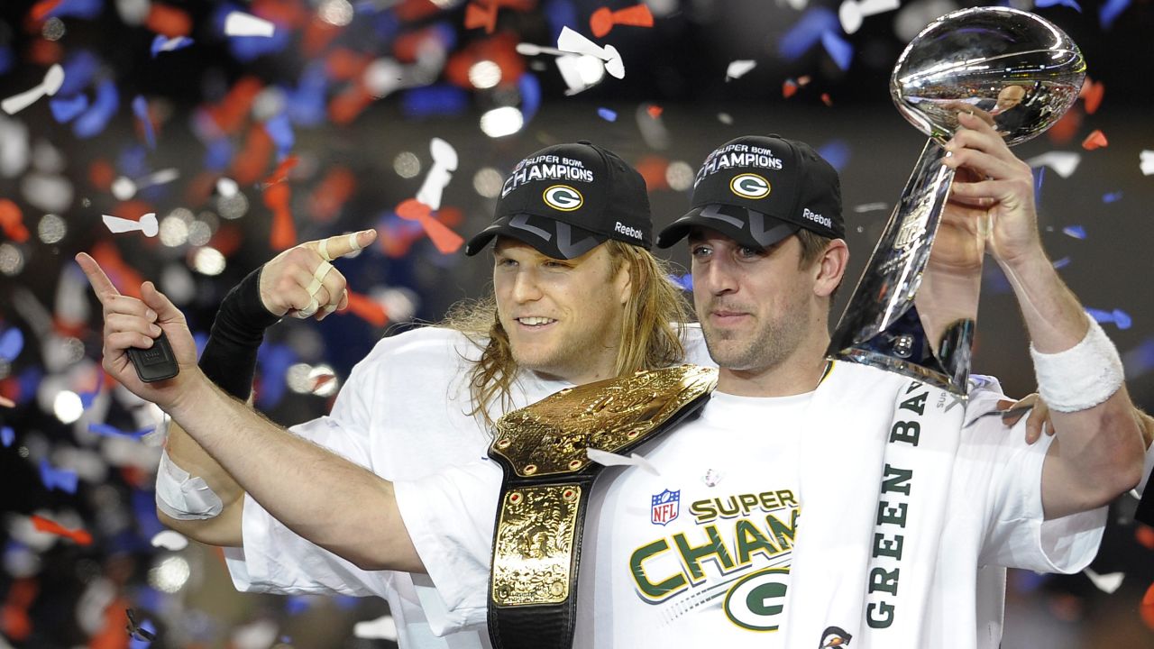 Rodgers and Clay Matthews celebrate after the Packers defeated the Pittsburgh Steelers 31-25 at Super Bowl XLV in 2011.