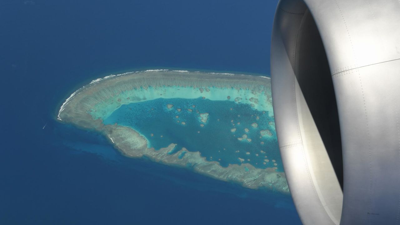 Qantas' October 2020 flight to nowhere flying over the Great Barrier Reef in Australia.
