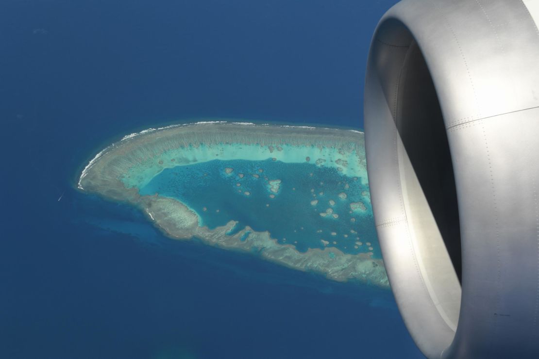 Qantas' October 2020 flight to nowhere flying over the Great Barrier Reef in Australia. 
