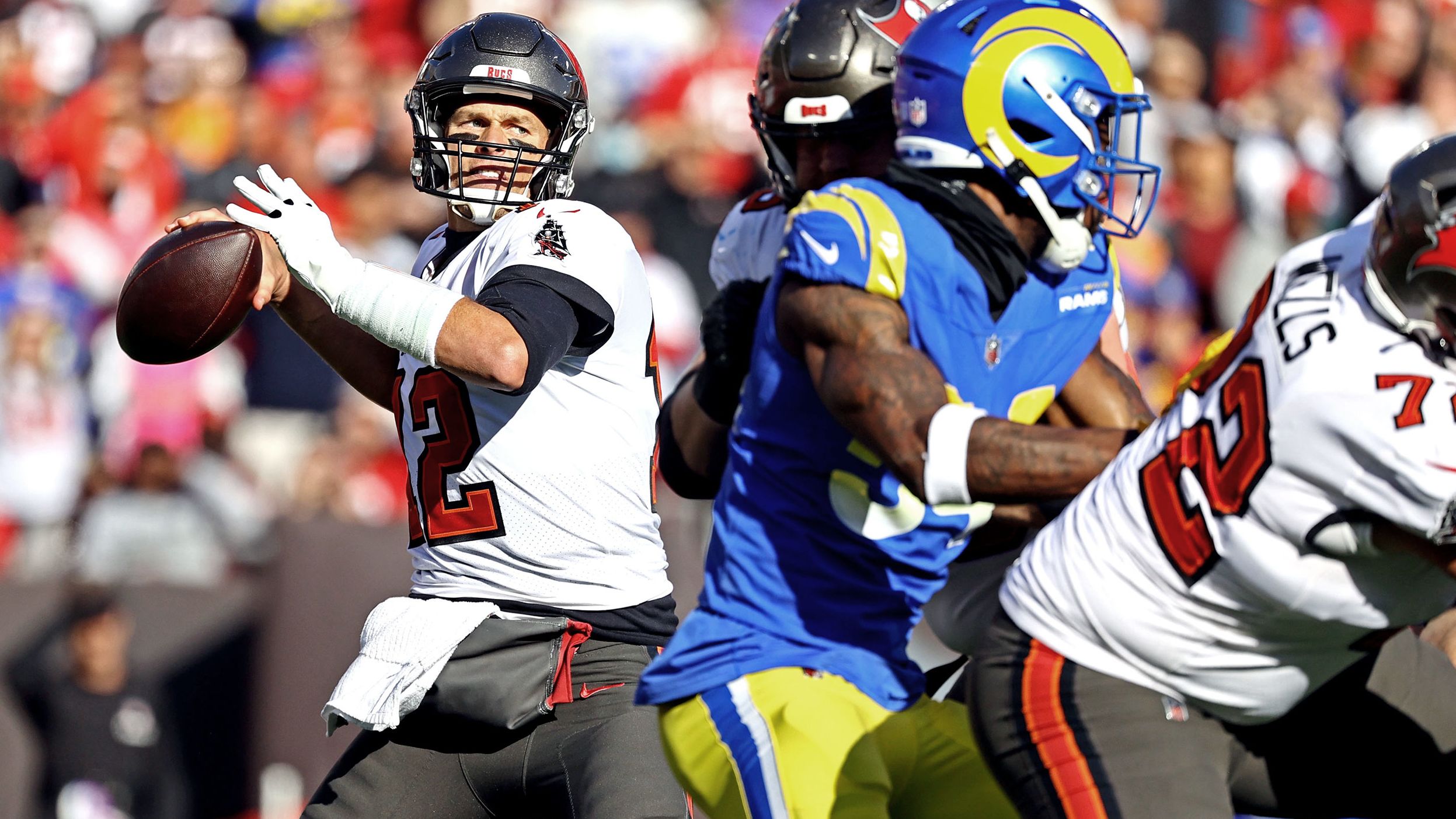 Brady throws a pass during a playoff game against the Los Angeles Rams in January 2022. The Rams eliminated the Buccaneers 30-27.
