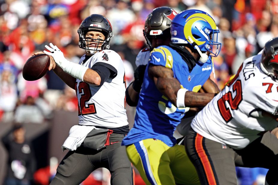 Brady throws a pass during a playoff game against the Los Angeles Rams in January 2022. The Rams eliminated the Buccaneers 30-27.