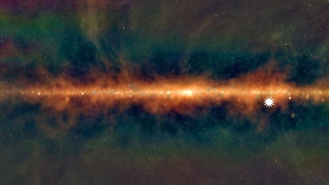 This image shows a new view of the Milky Way from the Murchison Widefield Array, with the star icon depicting the position of the mysterious object.