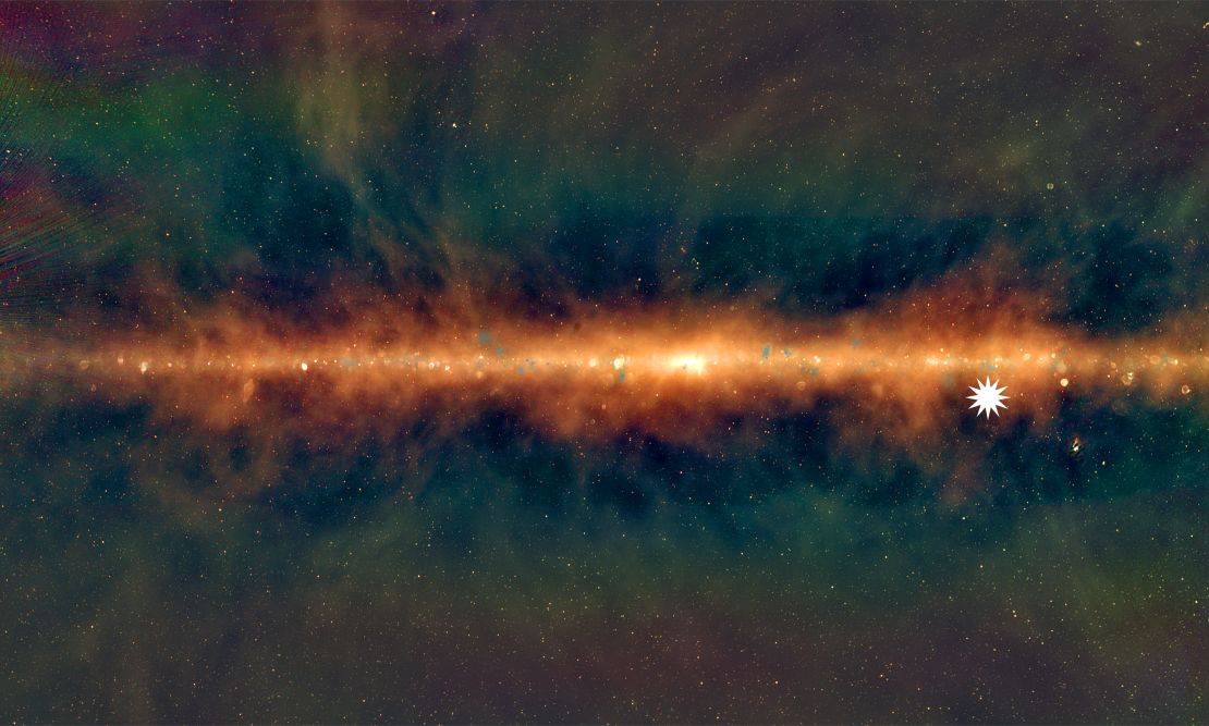 This image shows a new view of the Milky Way from the Murchison Widefield Array, with the lowest frequencies in red, middle frequencies in green, and the highest frequencies in blue. The star icon shows the position of the mysterious repeating transient. 