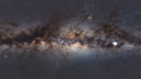 This image shows the Milky Way as viewed from Earth, and the star icon marks the location of the unknown object.