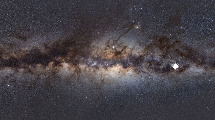 This image shows the Milky Way as viewed from Earth. The star icon shows the position of the mysterious repeating transient.