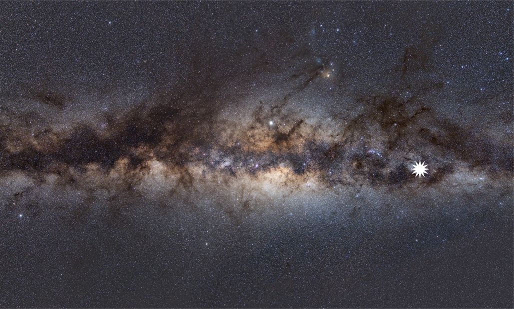 This image shows the Milky Way as viewed from Earth. The star icon shows the position of a mysterious repeating transient. The spinning space object beamed out radiation three times per hour and became the brightest source of radio waves viewable from Earth, acting like a celestial lighthouse.